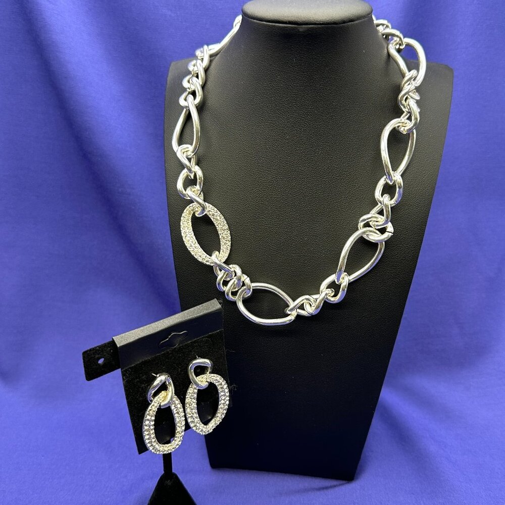 SAQ Set: Silver-Tone Chain Link w/ Crystal Choker Necklace & Post Dangle Earring
